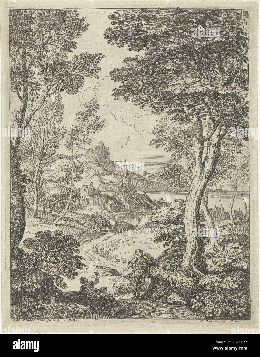 Landschap met spitse toren Landschappen met schaapsherders (serietitel) Landscape with in the foreground a portrait and landscape man talking along a winding path; in the background a town with pointed steeple. Fourth picture from the series of zes. Manufacturer : printmaker: Adriaen van der Cabel (listed building) in its design: Adriaen van der Cabel (listed building) Publisher: Robert N. (listed property) provider of privilege: Louis XIV (king of France) (listed building) Place manufacture: France (possible) Dated: 1648 - 1705 Physical features: etching material: paper Technique: etching dim Stock Photo