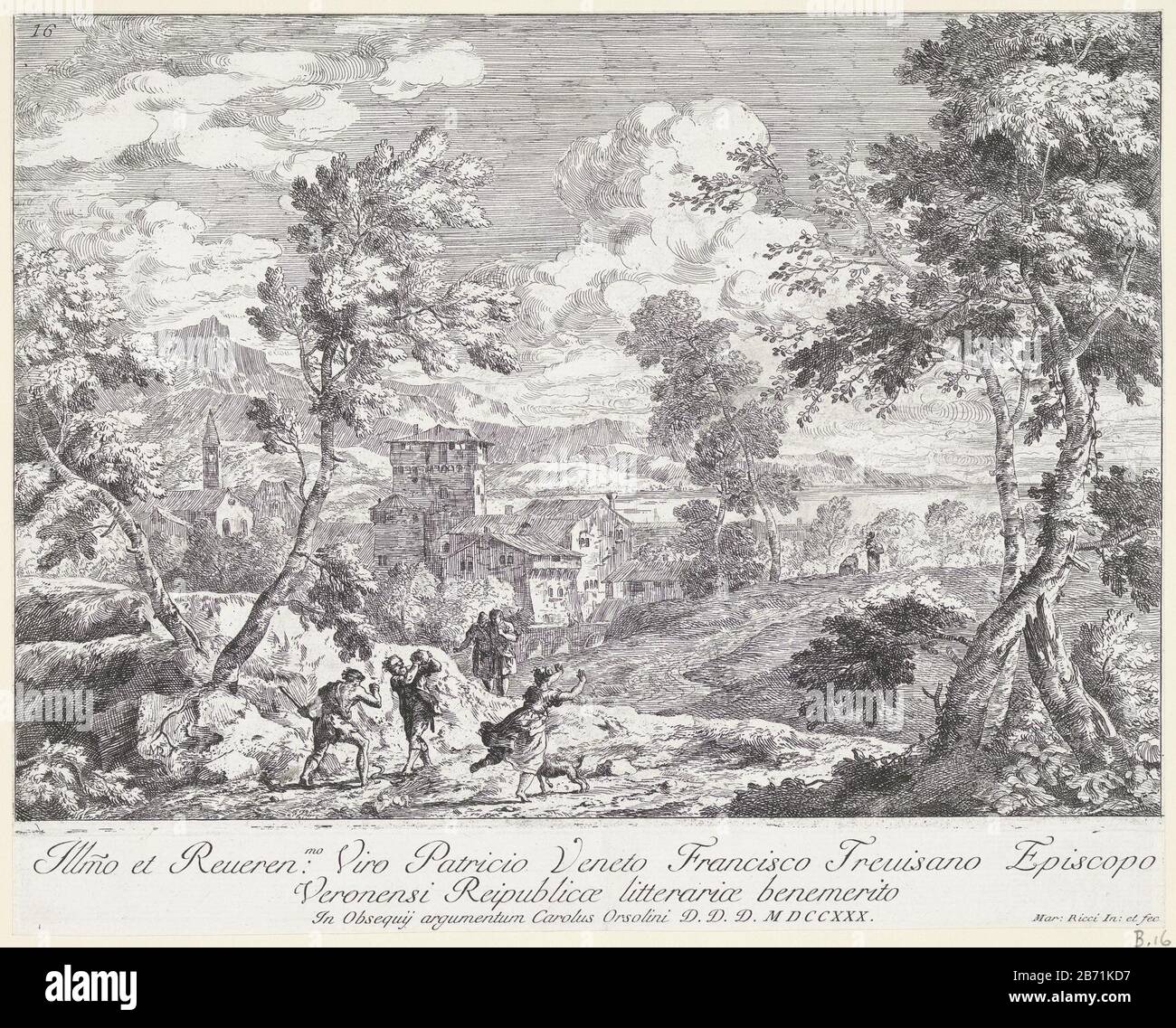 Landschap met twee boeren die een slang doden Landschappen (serietitel) Varia Marci Ricci Pictoris prestantissimi Experiment () (serietitel) Hill landscape with the foreground two peasants a snake trying to kill. A woman flees to the hose. Command ondermarge. Manufacturer : printmaker: Marco Ricci (listed building) in its design: Marco Ricci (listed building) commanded by Carlo Orsolini (listed building) dedicated to Francesco Trevisani (listed property) Place manufacture: Italy Date: 1730 Physical features: etching printed on one sheet of two sheets of material: paper Technique: etching dimen Stock Photo
