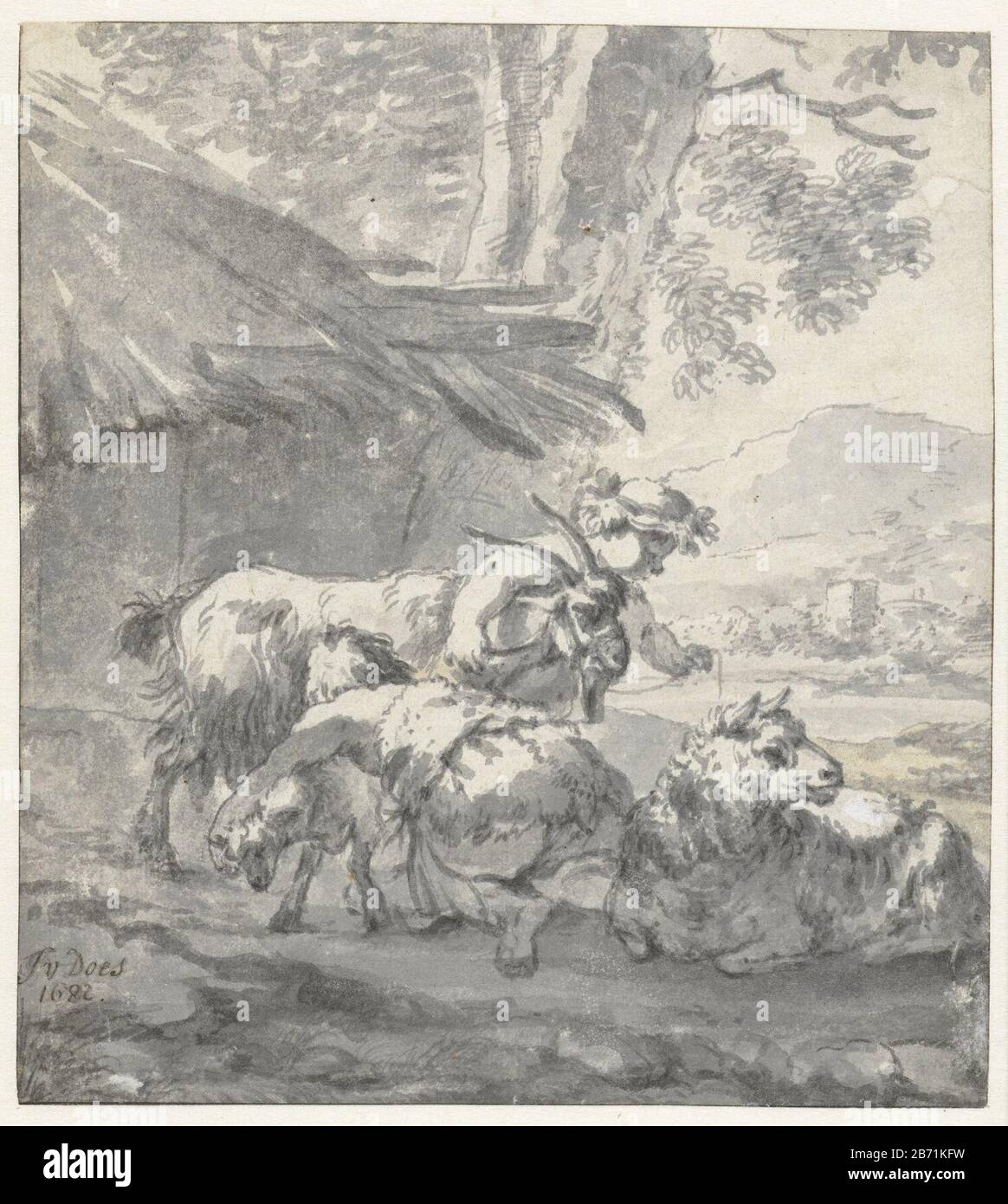 Landschap met twee kinderen, spelend met een geit, een lammetje en een schaap Landscape with two children playing with a goat, a lamb and a sheep object type: Drawing Object number: RP-T 1905-145 Manufacturer : artist: Simon van der Does Dating: 1682 Physical features: brush and gray ink over traces of black chalk, brush and brown ink and light body color; border lines in black ink material: paper chalk ink technology: pen / brush dimensions: H 172 mm × W 154 mm Stock Photo