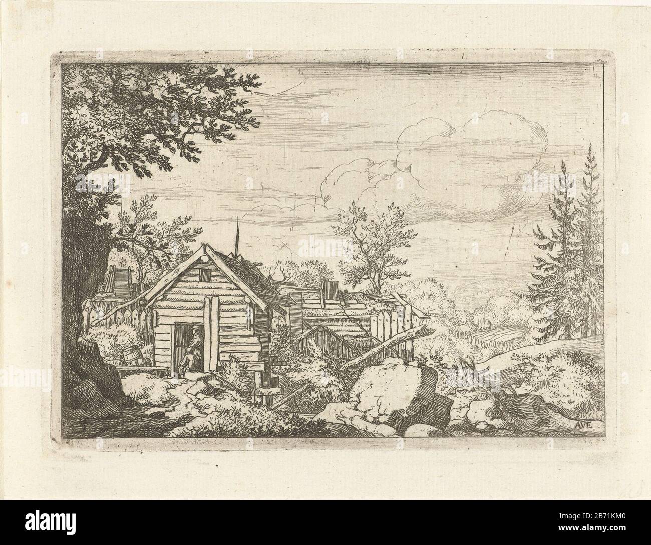 Landschap met twee mannen in de deuropening van een houten hut Landscape with two men in the doorway of a wooden hut Object Type : picture Item number: RP-P-OB-50.352Catalogusreferentie: Hollstein Dutch 48-2 (3) Manufacture Creator: printmaker: Allaert van Everdingen (listed on object ) Place manufacture: The Netherlands Date: 1631 - 1675 Physical characteristics: etching material: paper Technique: etching dimensions: plate edge: h 101 mm × W 143 mm Subject: solitary farm or house in landscape Stock Photo