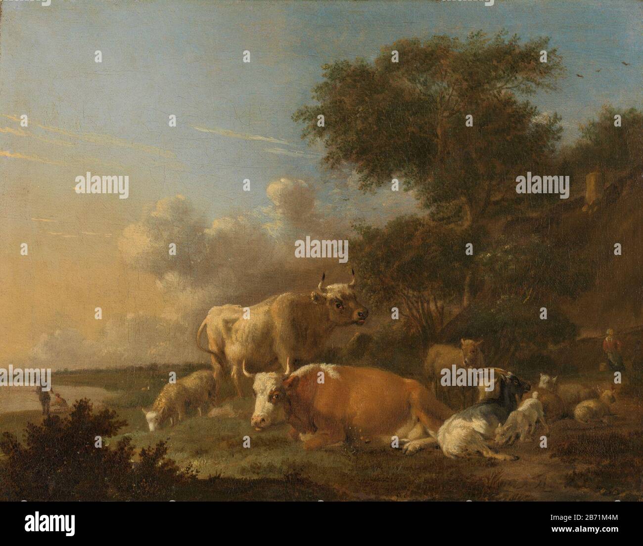 Landschap met vee, SK-C-161  Landscape with cattle. Right cows, sheep and a goat. Left a river where a man with a fishing rod capable vissen. Manufacturer : painter: Albert Jansz. Klomp Dated: 1640 - 1688 Physical characteristics: oil on canvas material: oil canvas Dimensions: support: h 27 cm. B × 34 cm. external dimensions: 12 cm d. (Carrier including SK-L-2394.) Stock Photo