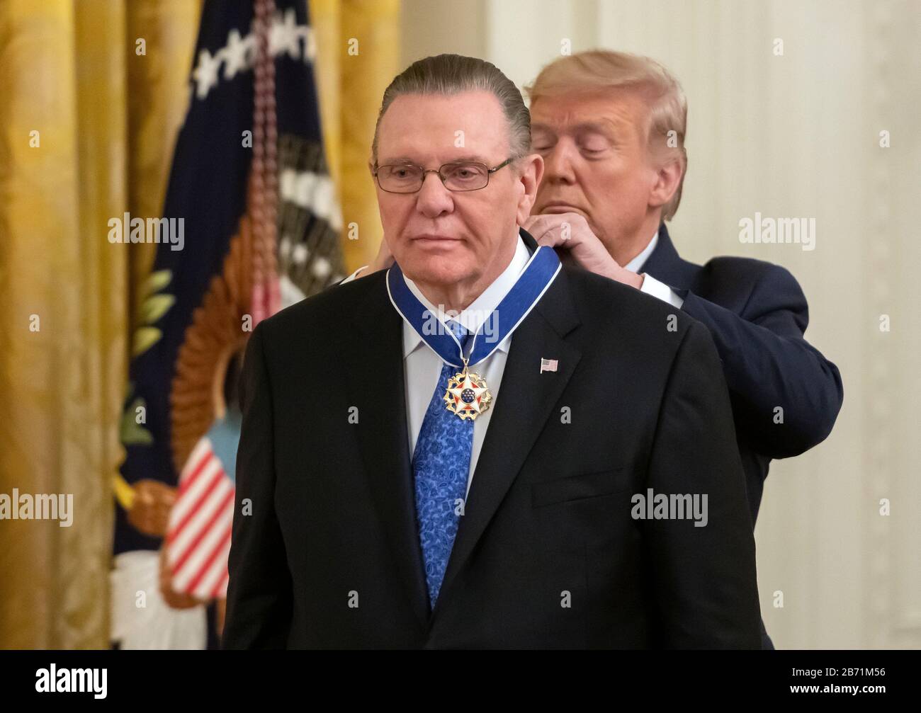 United States President Donald J. Trump, right, presents the Presidential Medal of Freedom to US Army General John M. "Jack" Keane (retired), left, during a ceremony in the East Room of the White House in Washington, DC on Tuesday, March 10, 2020. Keane is a former Vice Chief of Staff of the US Army and is a Fox News national security analyst.Credit: Ron Sachs/CNP /MediaPunch Stock Photo
