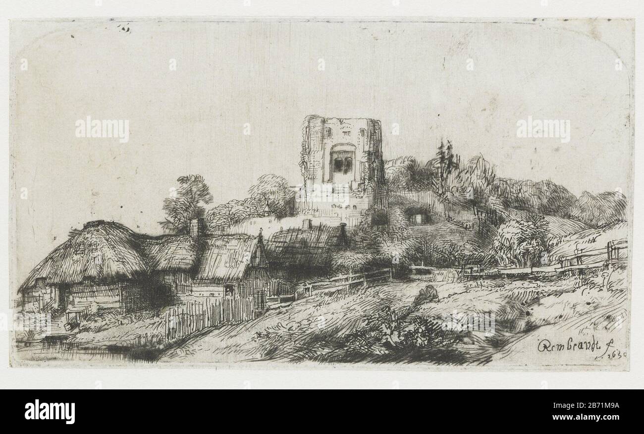 Landschap met vierkante toren Landscape with square tower building type: picture Item number: RP-P-1961-1120Catalogusreferentie: New Hollstein Dutch 250-3 (3) Bartsch 218-3 (4) Hollstein Dutch 218-3 (4) Marking / Brands : signature and date lower right: Rembrandt f 1650' collector's mark , verso right: Lugt 2228opschrift, verso bottom center, pencil: 'C. 8932 '(Colnaghi number.) Manufacture Vervaardiger: print maker: Rembrandt van Rijn (indicated on object) to his own design of Rembrandt van Rijn Date: 1650 Physical characteristics: etching and dry point material: paper Technique: etching / dr Stock Photo