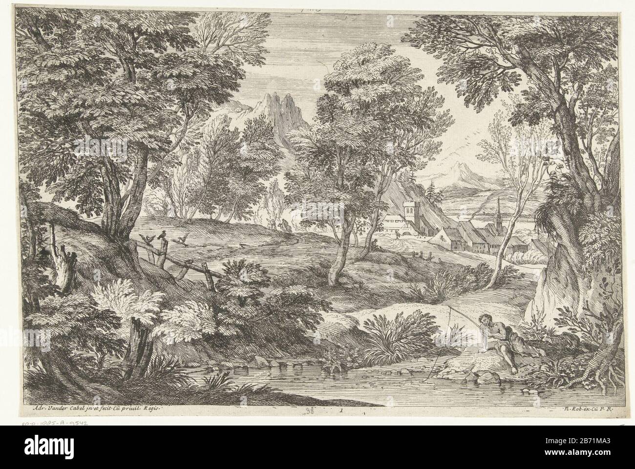 Landschap met visser Hengelaar Landschappen, serie zes (serietitel) Wooded landscape with front man with fishing rod on the bank of a river. In the background a dorp. Manufacturer : printmaker: Adriaen van der Cabel (listed building) in its design: Adriaen van der Cabel (listed building) Publisher: Robert N. (listed property) provider of privilege: Louis XIV ( king of France) (listed building) Place manufacture: France (possible) Dated: 1648 - 1705 Physical features: etching material: paper Technique: etching dimensions: sheet: h 228 mm × W 342 mm Subject: landscapes fisherman Stock Photo