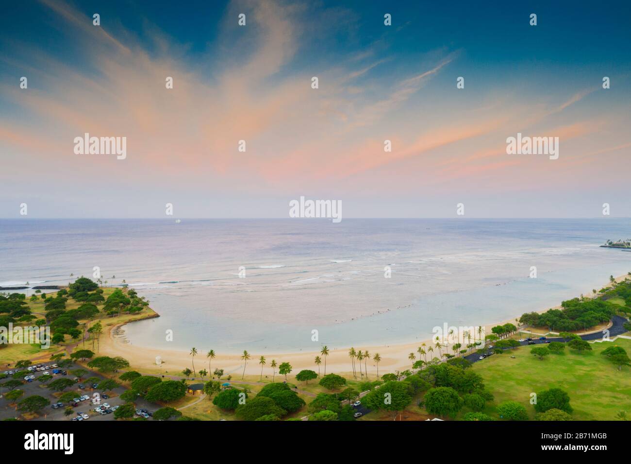 United States of America, Hawaii, Oahu island, Waikiki sunset, aerial view Stock Photo
