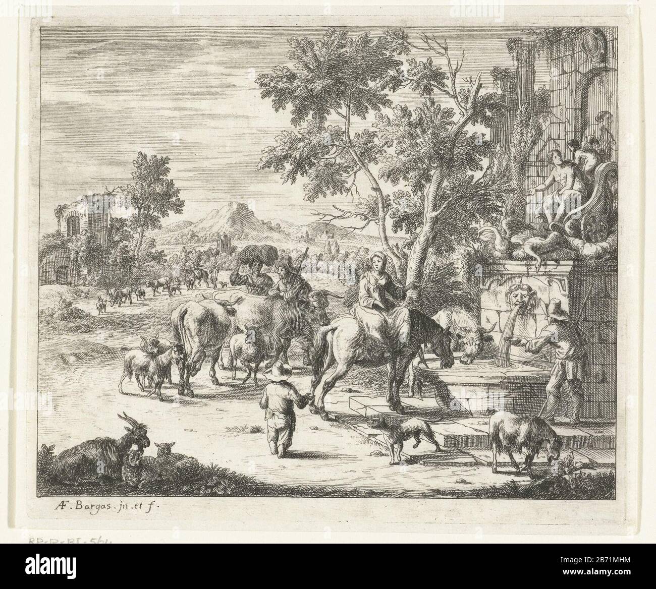 Landschap met vrouw op paard dat drinkt bij fontein Landscape with