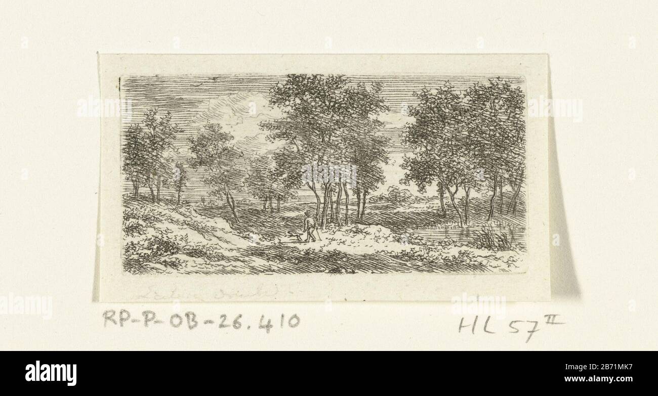 Landschap met wandelaar en hond Landscape with hiker and dog object type: picture Item number: RP-P-OB-26.410Catalogusreferentie: Hippert & Linnig 57Opmerking: 2 (2) based on collection RMA Manufacturer : printmaker Ernst Willem Jan BagelaarPlaats manufacture: Netherlands Date: 1798 - 1837 Physical characteristics: etching and dry point material: paper Technique: etching / dry point measurements: plate edge: h 32 mm × 64 b mm Subject: landscapes in the temperate zone Stock Photo