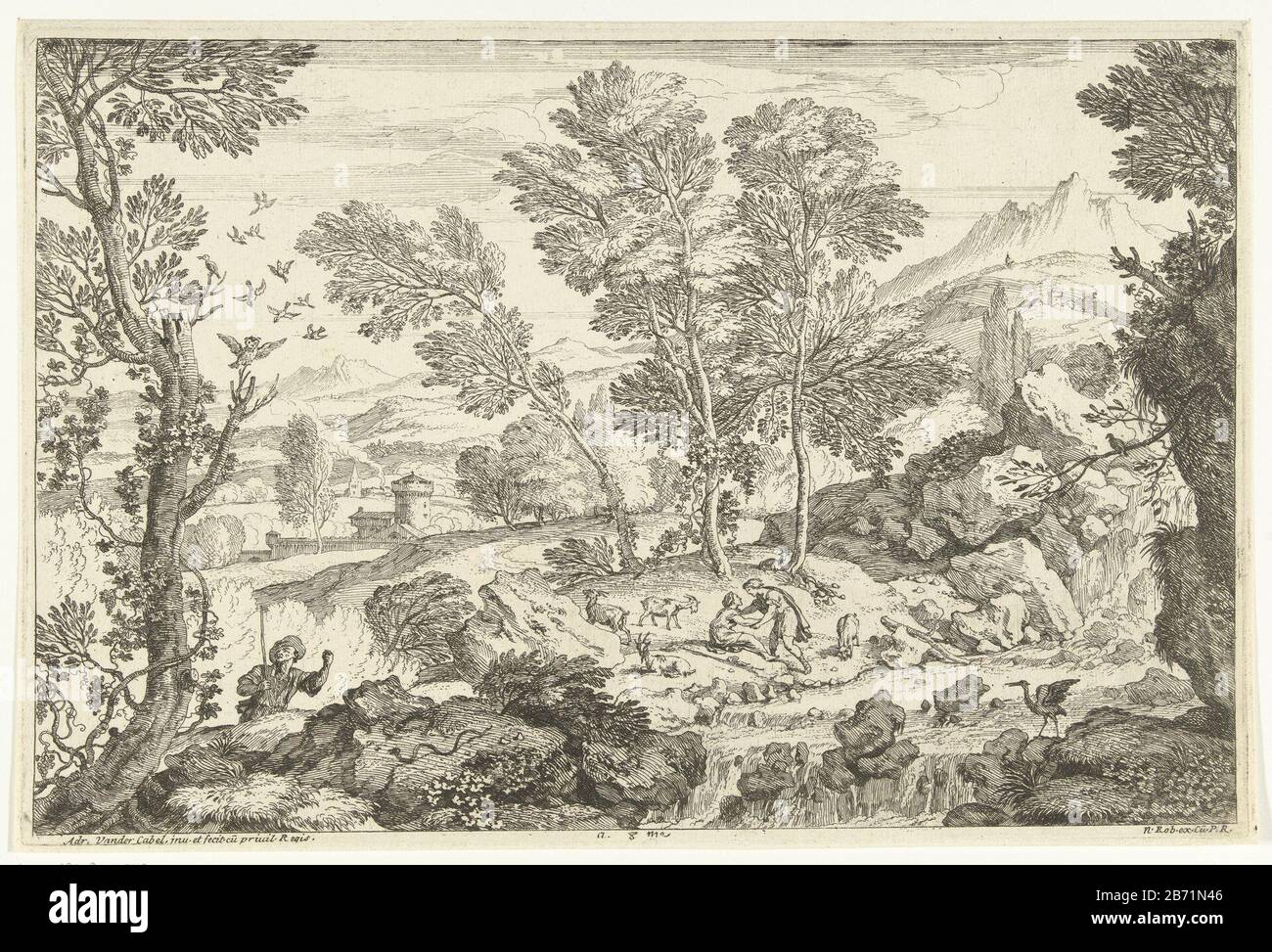 Landschap met waterval en diverse dieren (serietitel) De uil Landschappen, serie zeven (serietitel) Landscape with the foreground, left, a man with stick looking up at a tree Where: in an owl. On the rock for him a serpent and the waterfall a bird with spread wings. Across the river between two people a few goats. In the background a mountain landscape with different dorpjes. Manufacturer : printmaker: Adriaen van der Cabel (listed building) in its design: Adriaen van der Cabel (listed building) Publisher: Robert N. (listed property) provider of privilege: Louis XIV (king of France) (listed bu Stock Photo