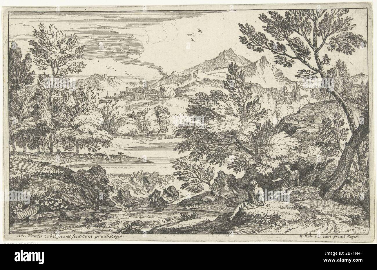 Landschap met waterval Landschappen, serie 1 (serietitel) Landscape with the foreground right, two opposing people seated. In the foreground left a small waterfall and in the distance a mountain village. Fourth picture from the series of zes. Manufacturer : printmaker: Adriaen van der Cabel (listed building) in its design: Adriaen van der Cabel (listed building) Publisher: Robert N. (listed property) provider of privilege: Louis XIV (king of France) (listed building) Place manufacture: France (possible) Dated: 1648 - 1705 Physical features: etching material: paper Technique: etching dimensions Stock Photo