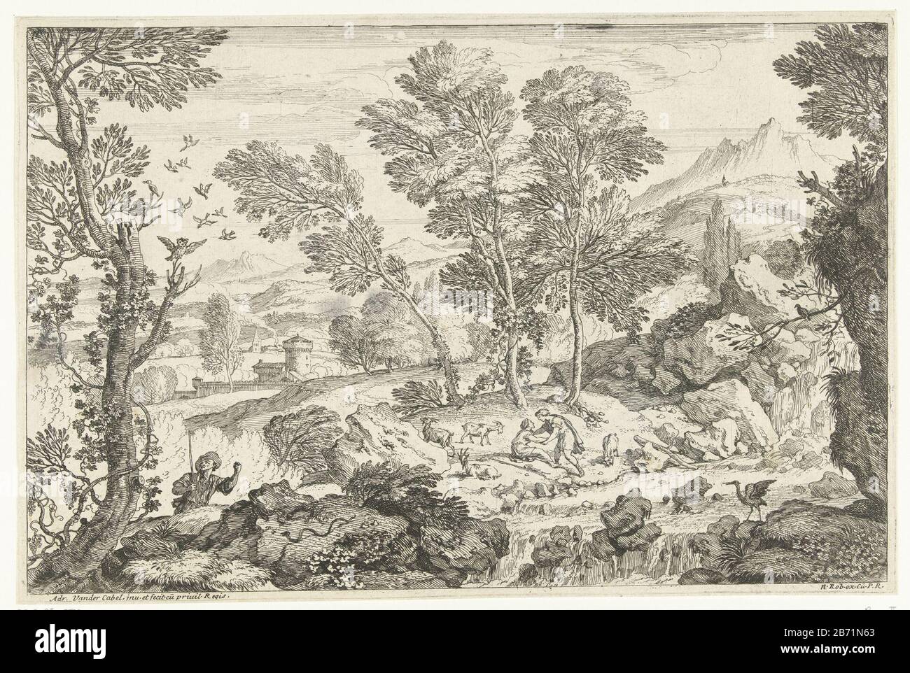 Landschap met waterval en diverse dieren Landschap met een uil in een boom Landschappen, serie zeven (serietitel) Landscape with the foreground, left, a man with stick looking up at a tree Where: in an owl. On the rock for him a serpent and the waterfall a bird with spread wings. Across the river between two people a few goats. In the background a mountain landscape with several villages. First picture from the series of zes. Manufacturer : printmaker: Adriaen van der Cabel (listed building) in its design: Adriaen van der Cabel (listed building) Publisher: Robert N. (listed property) provider Stock Photo