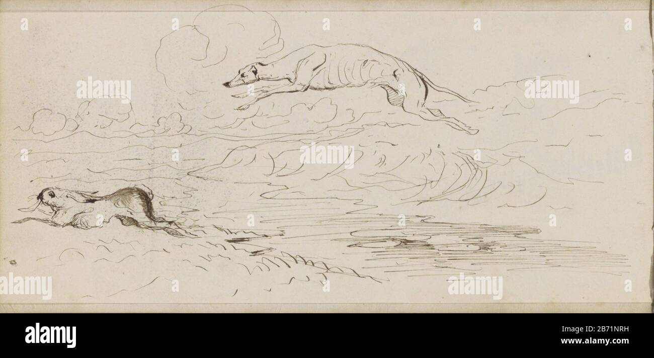 Landschap met wolkenlucht, een hond en een haas Landscape with cloudy sky, a dog and a hare object type: Sketchbook sheet Item number: RP-T 1994-24-62 (R) Description: Leaf 62 recto from a sketchbook with 63 bladen. Manufacturer : illustrator John Tavenraat Dating : 1840 - 1868 Physical features: pen in brown material: paper ink Technique: pen Subject: landschappenwolkendogrodents: share Stock Photo