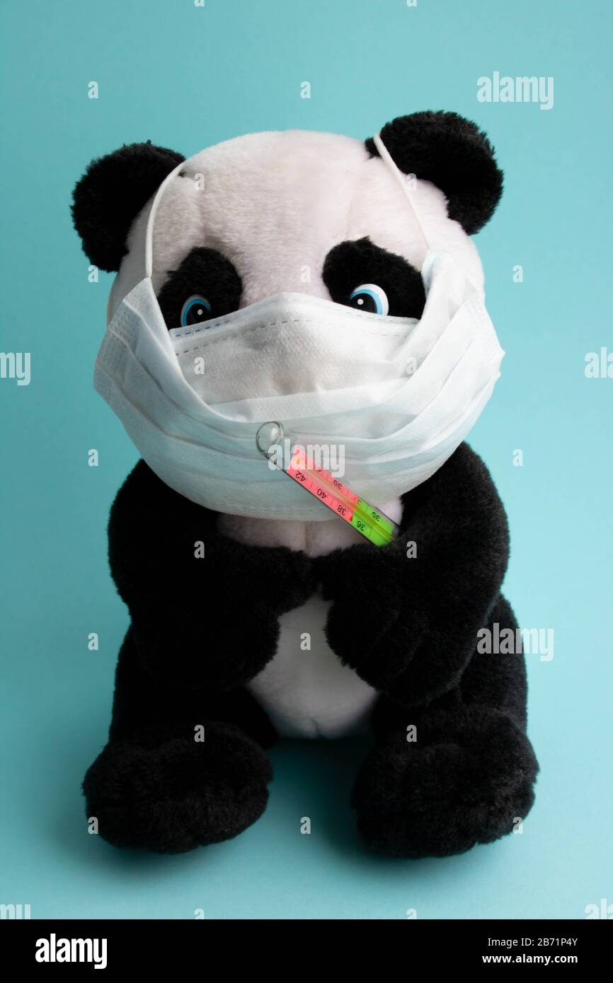 A toy panda in a medical mask with a thermometer sits on ablue background.  Cold, virus and flu cure concept Stock Photo - Alamy