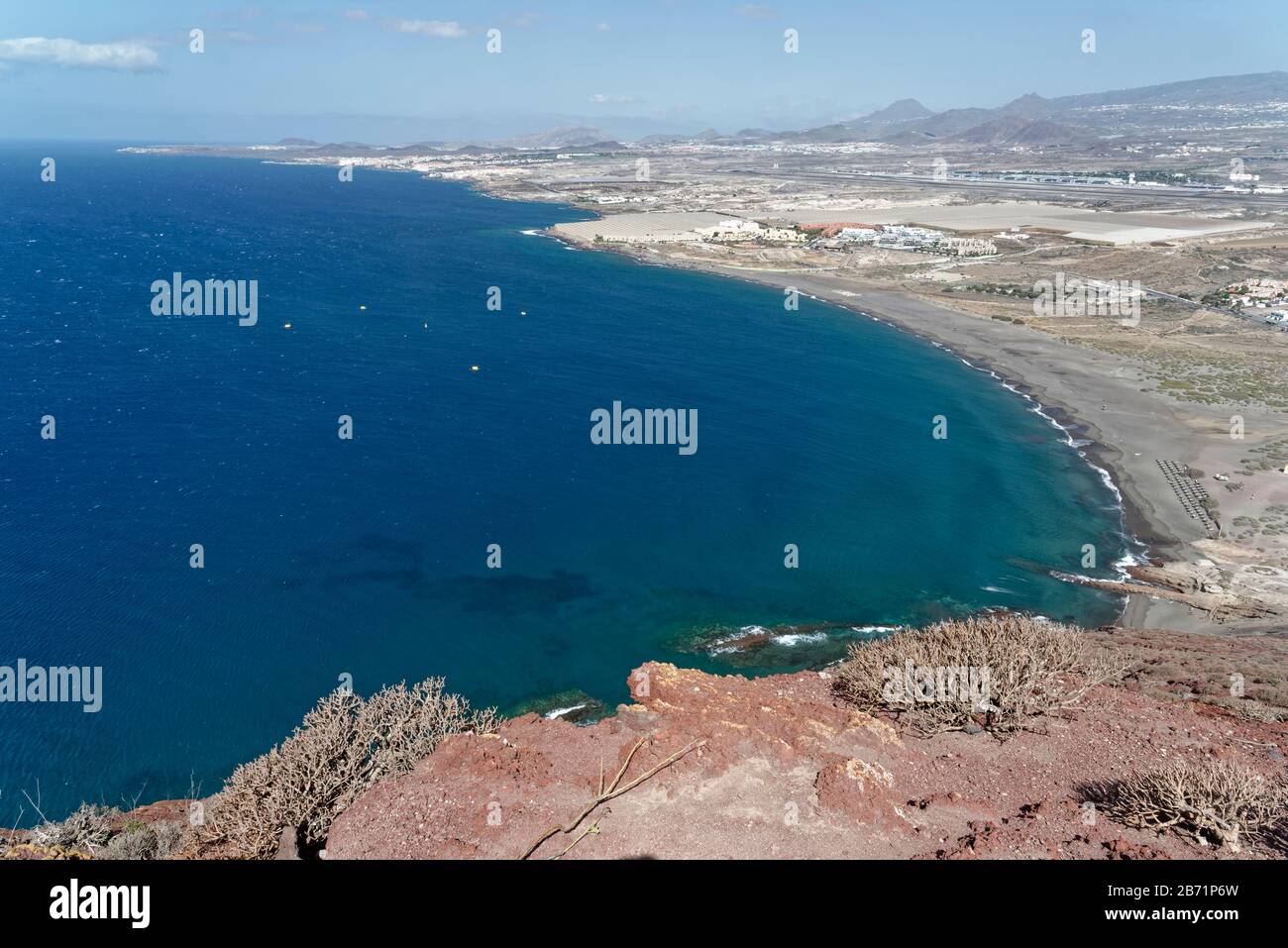 Overview of Playa de la Tejita and the south coast from Montana Roja, near El Medano, Tenerife, August. Stock Photo