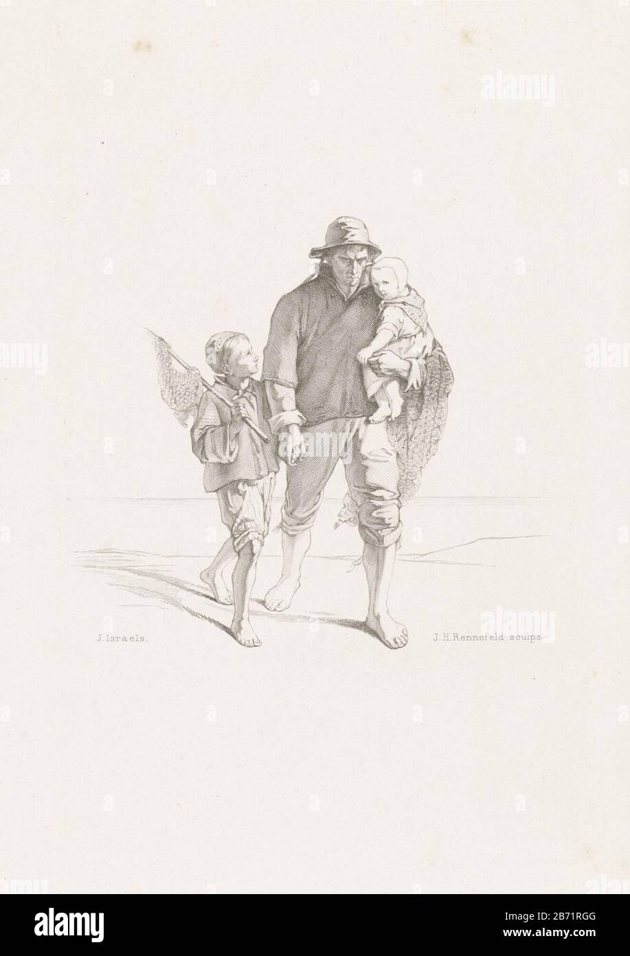 Langs moeders graf De kinderen der zee (serietitel) A fisherman with his children past the grave of the deceased mother. The picture is of series of prints "The