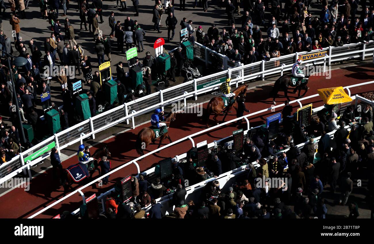 Runners and riders head out to start the Marsh Novices' Chase during day three of the Cheltenham Festival at Cheltenham Racecourse. Stock Photo