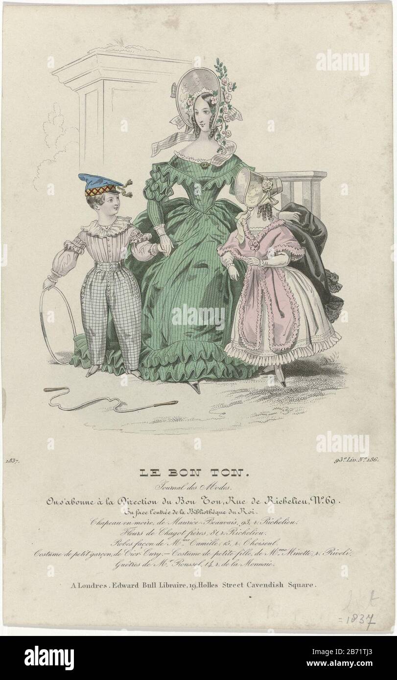 Le Bon Ton, Journal des Modes, 1837, 93e Liv No 186 Chapeau en moir () A  woman with a boy and girl in a park, the boy has a hoop in hand.