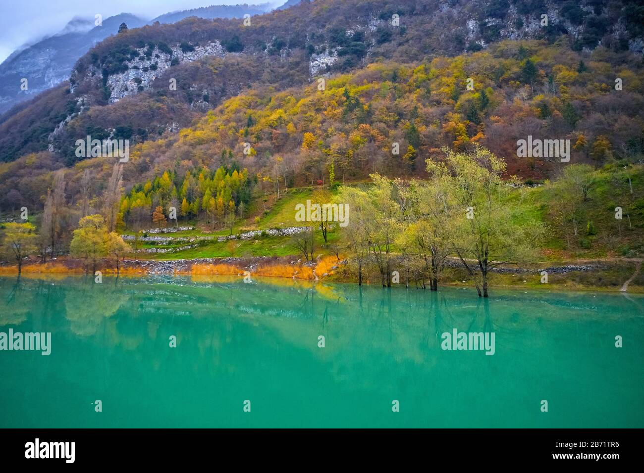 Arial View of Lake Tenno in autumn,Trento,Italy, Europa. Turquoise lake