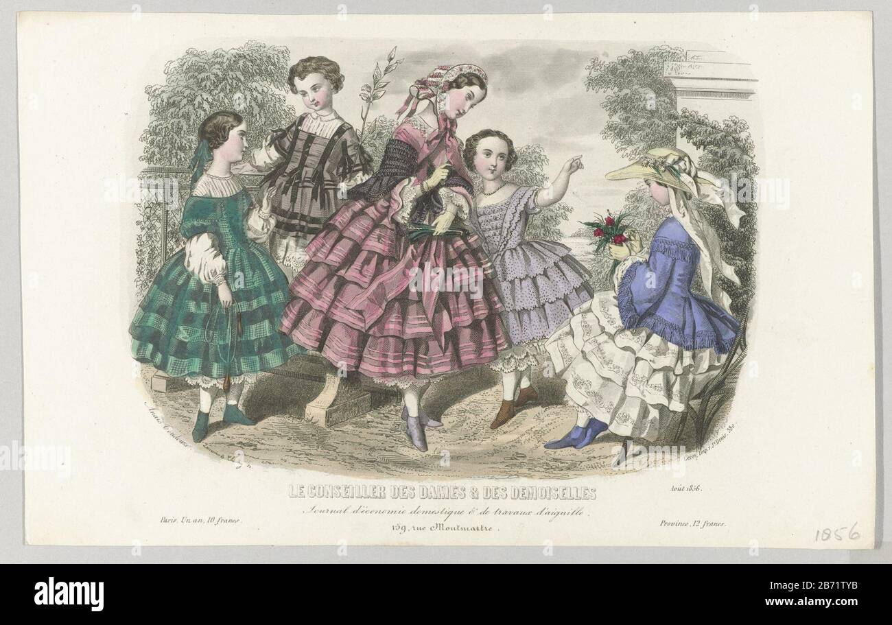 Kinderkleding.Vier girls and young women in dresses with full skirts. Skipping rope. Print out the fashion magazine Le Conseiller des Dames (1847-1892) . Manufacturer : printmaker Thierry (listed building) printmaker Paul Lacourière (listed property) designed by: Anaïs Colin-Toudouze (listed building) printer A. Leroy (listed property) Place manufacture: Paris Date: 1856 Physical features: steel engra, hand-colored material: paper Technique: steel engra / hand color dimensions: sheet: h 168 mm × W 268 mm Subject: fashion plates clothes, costume (+ girls' clothes ) cut flowers; nosegay, bunch o Stock Photo