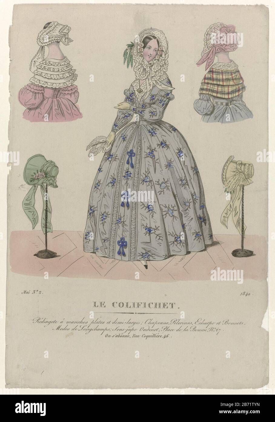 Standing woman and four examples of hats, pelerines, scarf and hat.  According to the caption: Redingote low sleeves, puffed sleeve top and long  pleated sleeves. Hats, pelerines, scarves and hats. "Modes de