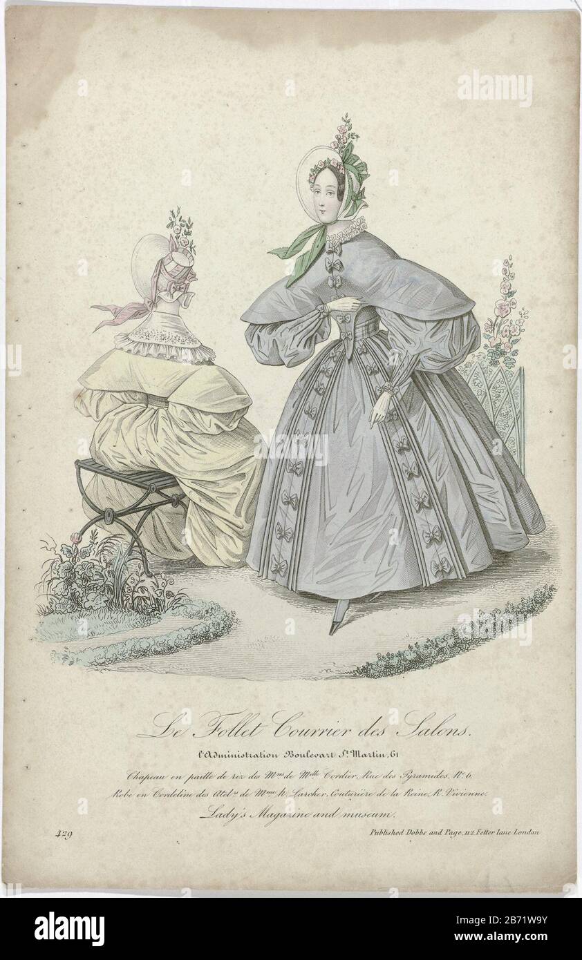 Le Follet Courrier des Salons, 1835, No 429 Chapeau en paille de riz ()  Woman walking in a garden. According to the caption hat 