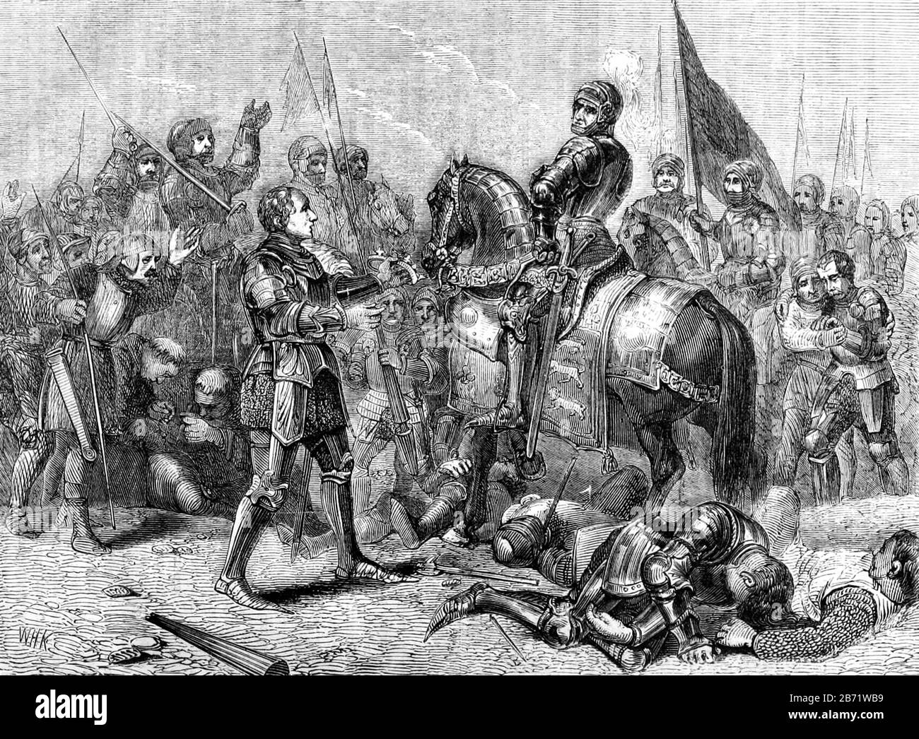 Battle of Bosworth Field. Lord Stanley Bringing the Crown of Richard to Richmond. Finding Richard's circlet after the battle, Lord Stanley hands it to Henry. Henry seized the crown by right of conquest. After the battle, Richard's circlet is said to have been found and brought to Henry, who was proclaimed king at the top of Crown Hill. The Battle of Bosworth Field (or Battle of Bosworth) was the last significant battle of the Wars of the Roses, the civil war between the Houses of Lancaster and York that extended across England in the latter half of the 15th century Stock Photo