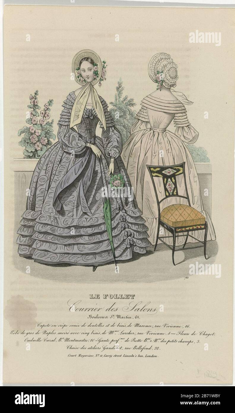 Two women, of whom: one seen from the back, with a balustrade. According to the caption, 'capote' of crepe adorned with lace and bias of Maxence. Gown 'gros de Naples moire' with five of bias bindings Larcher. Flowers Chagot. Parasol Cazal. Gloves Protte patented. Chair from the workshops of Gandillot. Print out the fashion magazine Le Follet Courrier des Salons (novembre 1829 octobre 1882) . Manufacturer : printmaker: anonymous Date: 1836 Physical features: engra, hand-colored material: paper Technique: engra (printing process) / hand color dimensions: sheet: H 249 mm × W 152 mm Subject: fash Stock Photo