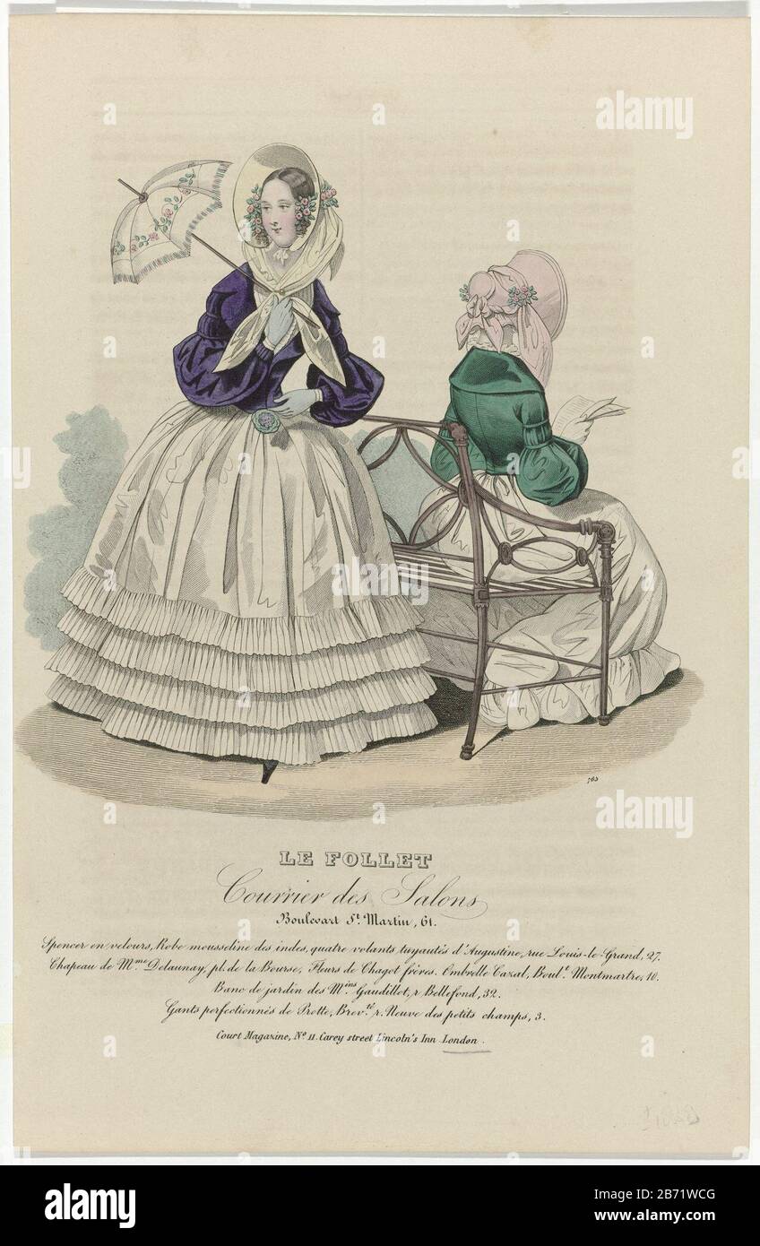 Le Follet Courrier des Salons, 1838, No 765 Spencer en velours () Two women in a garden, of whom, one sitting on a bench, seen from the back. According to the caption: Spencer velvet. Gown 'mousseline des Indes 'four crimped strips' tuyautés d'Augustine. Hat Delaunay. Flowers Chagot Frères. Parasol Cazal. Garden bench from the shops of Gaudillot. Gloves Protte patented. Print out the fashion magazine Le Follet Courrier des Salons (novembre 1829 octobre 1882) . Manufacturer : printmaker: anonymous Date: 1838 Physical features: engra, hand-colored material: paper Technique: engra (printing proce Stock Photo