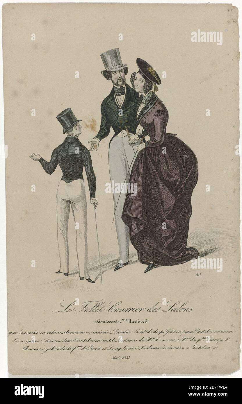 An arm in arm couple is talking to a boy seen from the back. The woman is dressed in a costume amazon rijkostuum of the Casimir. On the head a toque bearnaise