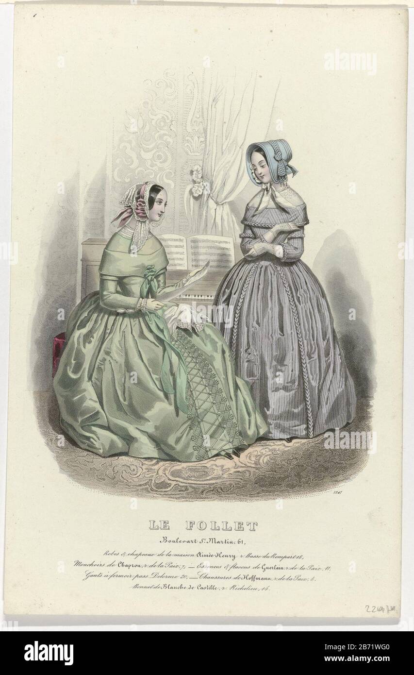 Le Follet, 1845, No 1247 Robes & chapeaux () Two women at a piano with  sheet music on the music stand. According to the caption, dresses and hat  Maison Henry-Aimée. Here are