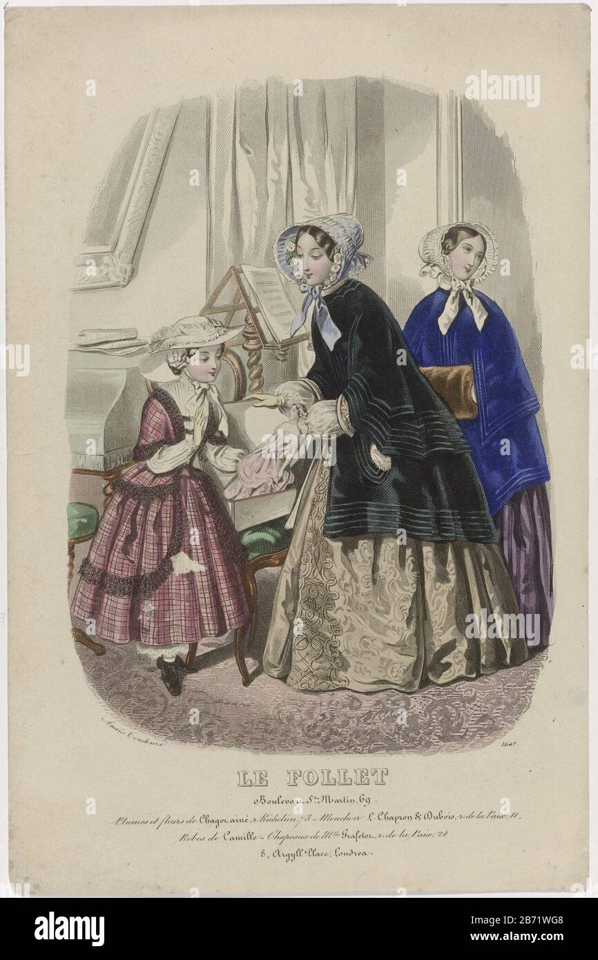 Le Follet, 1851, No 1647 Plumes et fleurs () Two women and a girl in an  interior. The girl is a doll of a woman. Among the show a few lines of
