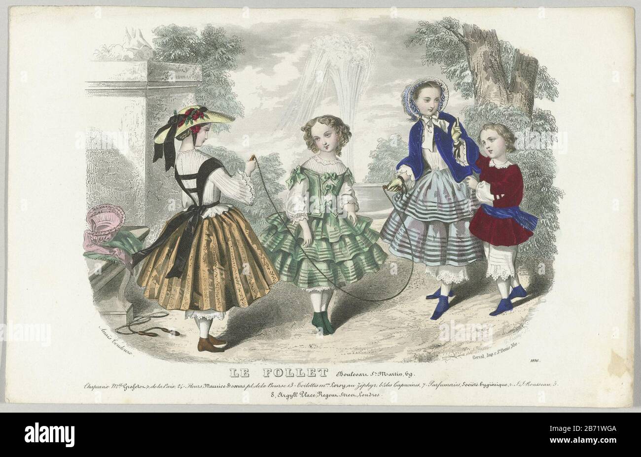 Le Follet, 1853, No 1836 Chapeaux Mlle Grafetor Four children are the  string spingen. In the background a fountain. Among the show a few lines of  text advertising for various products. Print