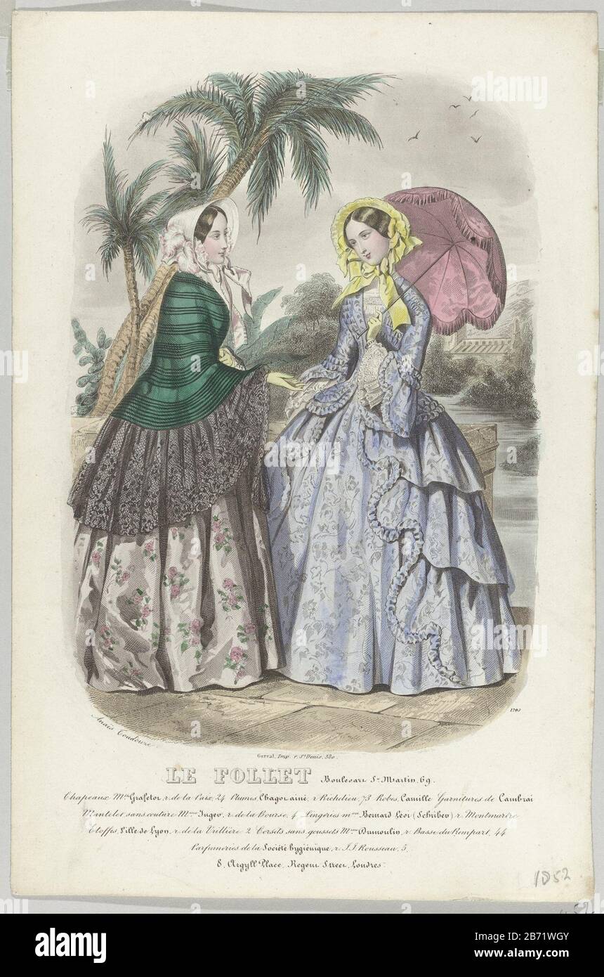 Le Follet, 1852, No1743 Chapeaux Mlle Grafetor Two women, of whom one with  parasol, with some palm trees in the background. According to the caption,  hats Grafetor. Gowns Camille. trimmings of Cambrai.