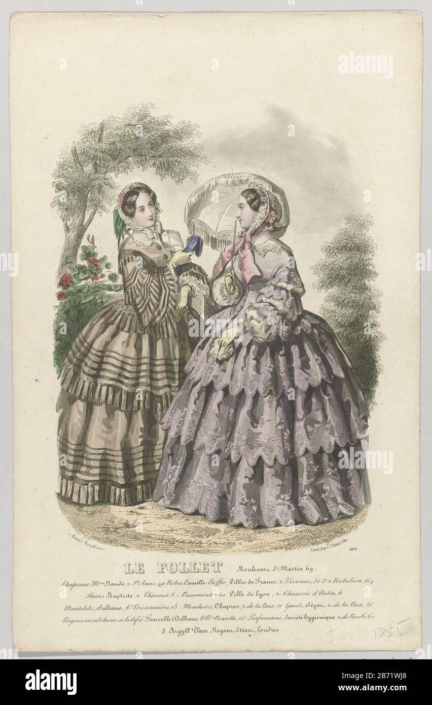 Two women, of whom one with parasol in a garden. Among the show a few lines  of text advertising for various products. Print out the fashion magazine Le  Follet Courrier des Salons (