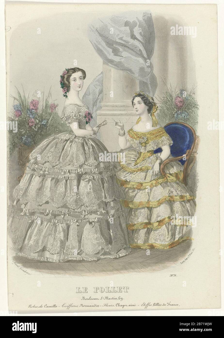 Le Follet, 1856-1857, No 2076 Robes de Camill () Two women on a platform.  According to the caption: dresses Camille. 'Coiffures' of Normandin. Here  are some rules text advertising for various products.