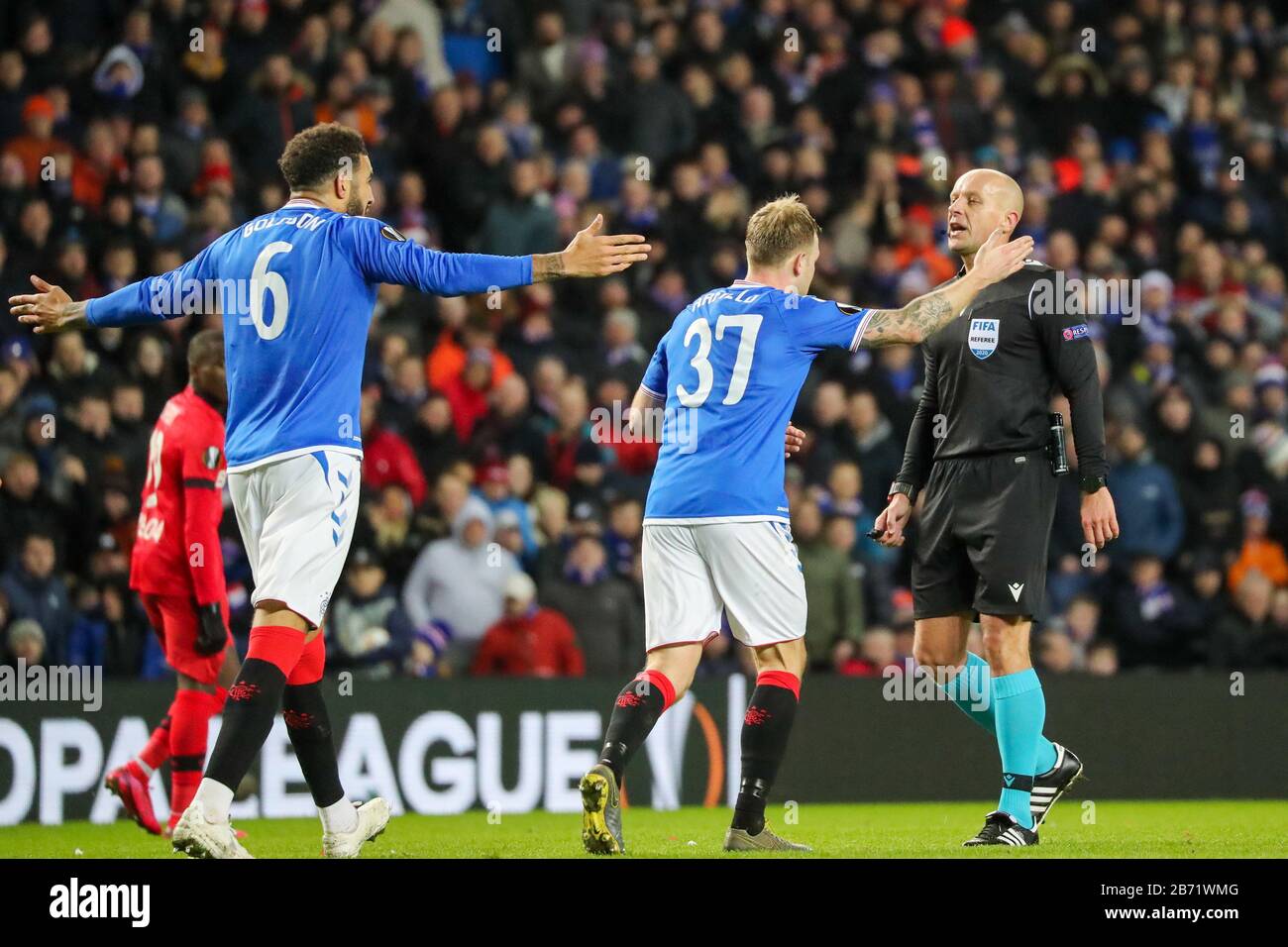 Glasgow, UK. 12th Mar, 2020. Rangers FC played Bayer Leverkusen in Round of 16 -1st leg at Ranger's home stadium, Ibrox, Glasgow. in the UEFA 'Europa' league.According to Steven Gerrard, Ranger's manager, this game provides a great challenge but it is hoped that his team can build on previous performances. Credit: Findlay/Alamy Live News Stock Photo