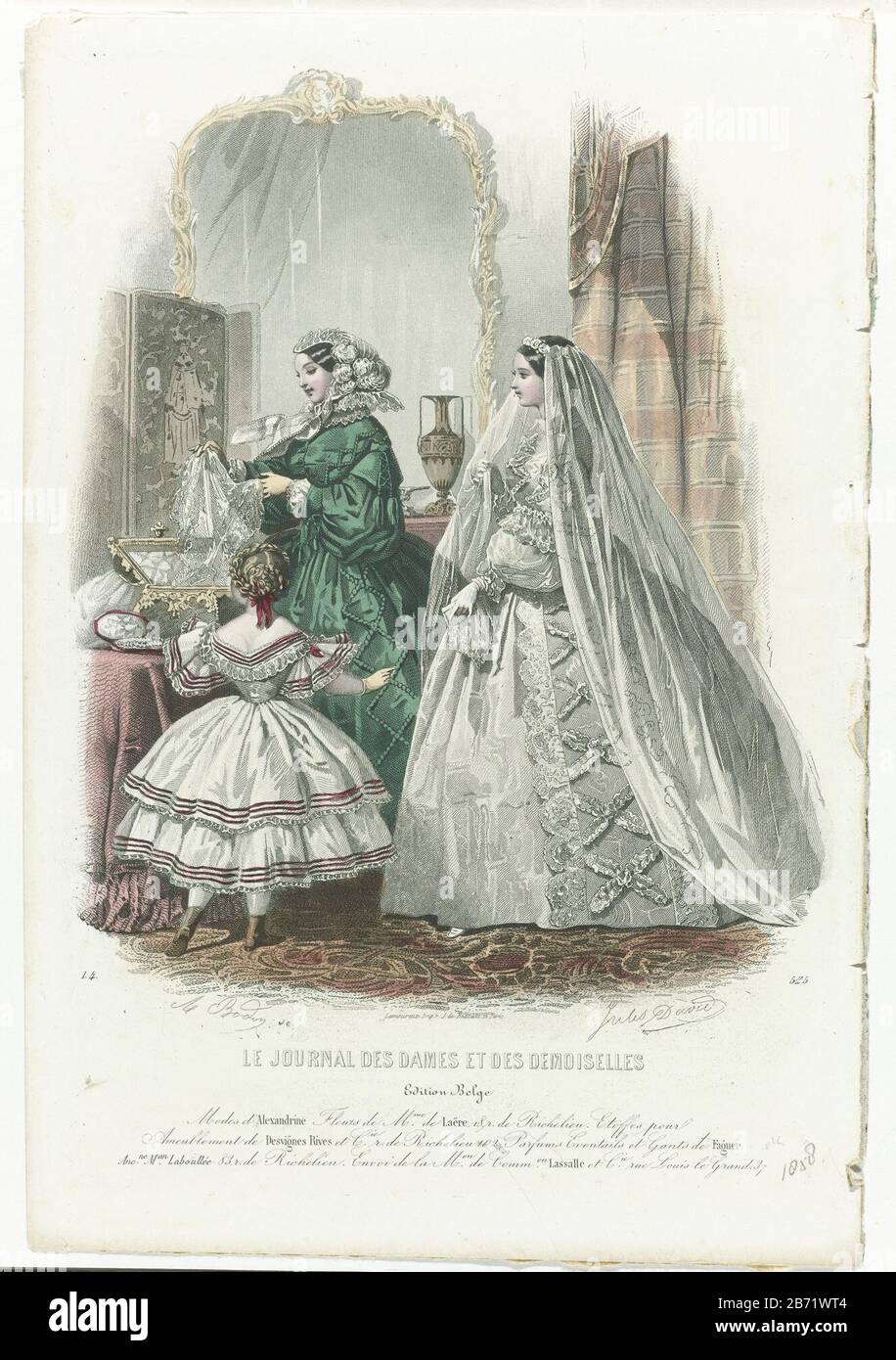 Le Journal des Dames et des Demoiselles, 1858, 14, No 525 Edition Belge, Modes () A bride, woman and girl around a corbeille de mariage 'or bride basket. Left: 'toilette' for a girl of eight to ten years old. Gown 'tarlatane' decorated with 'petits velvet. Bodice adorned with lace and berthe. Middle: 'toilette de ville'. Gown of taffeta, decorated with strings and tassels of silk and chenille. 'Chapeau Marie-Stuart' of white crepe, decorated with Blonde (bobbin side) and feathers, slippage of taffeta. Right: 'toilette de mariée. Wedding gown of 'moire antique', decorated with lace. According t Stock Photo