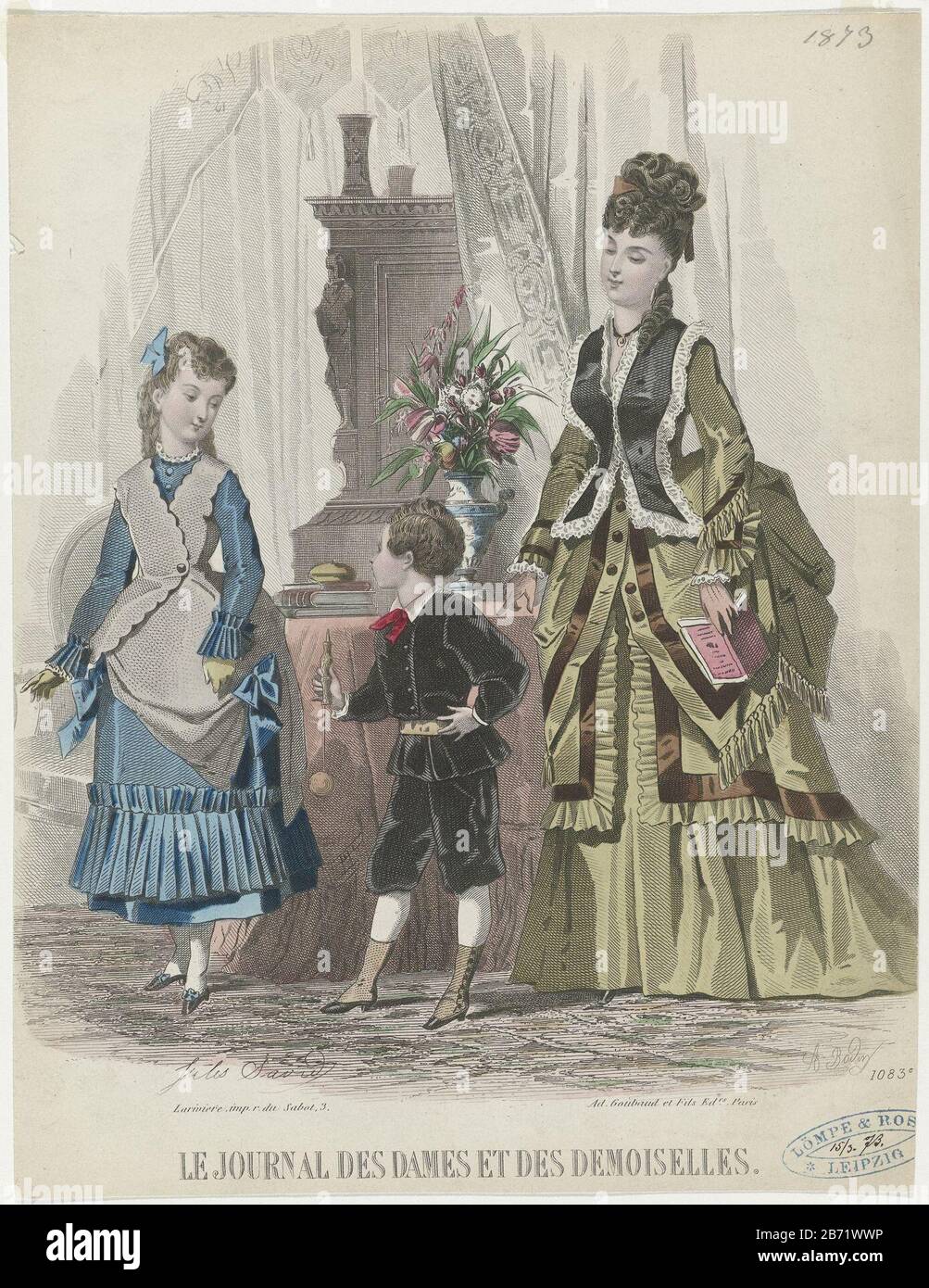 Le Journal des Dames et des Demoiselles, 1872-1873, No 1083c a woman and two children in the interior, the woman is wearing a dress of faille, with a waistcoat in black satin with white lace. The girl is wearing a gown of blue taffeta with pleated flounce at the skirt. Over it a 'polonaise' gray cashmere. The boy is wearing a jacket with a lap and three-quarter pants with a black velvet belt. Details of the dress on page 183 DESCRIPTION DE LA CARVING THE MODES COLORIÉE.Prent from the fashion magazine Journal des Dames et des Demoiselles (1841-1902) . Manufacturer : printmaker A. Bodin (listed Stock Photo