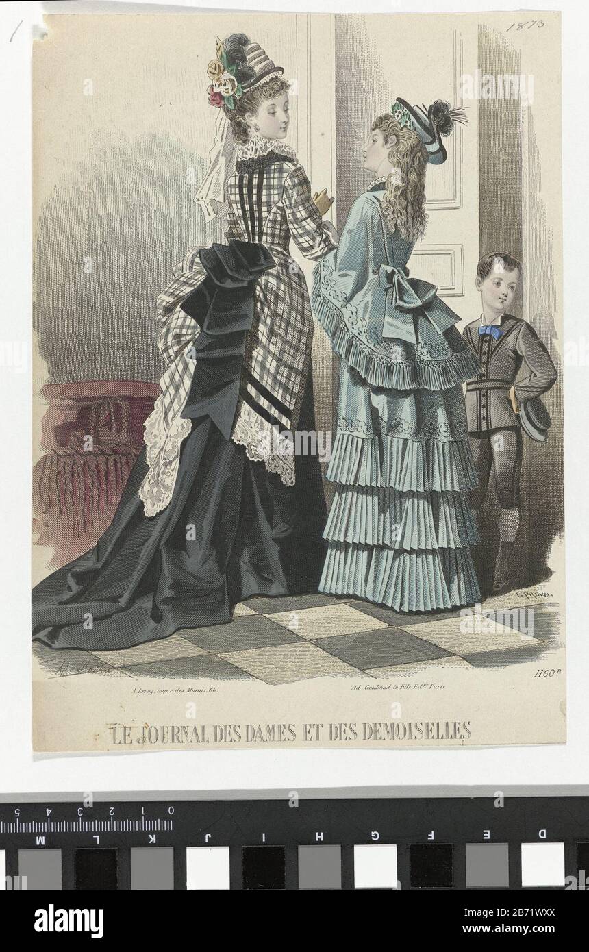 Le Journal des Dames et des Demoiselles, 1873, No 1160b Twee vrouwen en een  kind in interieur, de linker vrouw, op de rug gezien, is gekleed in een  geruite japon met queue