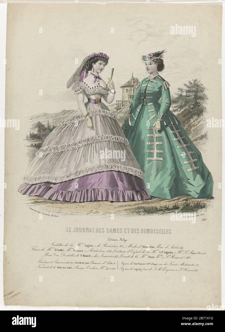 Le Journal des Dames et des Demoiselles, edition Belge, 1865, No 787  Toilettes de la Mon Gagelin Twee vrouwen in een landschap. Links: japan van  tafzijde puts lijfje in overrok van witte '