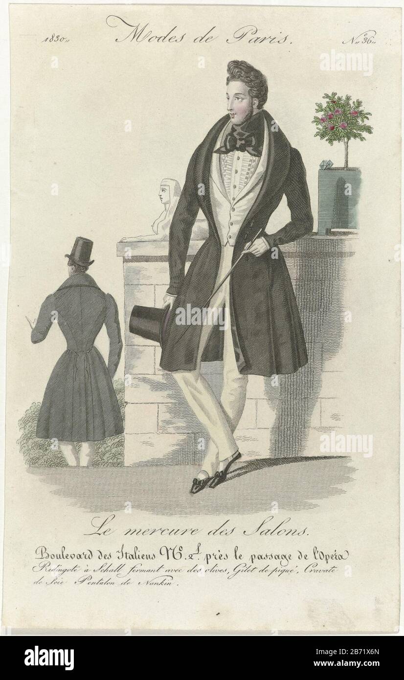 Redingote with shawl collar, closed with buttons or "olives". Vest of  pique. Cravate of silk. Wrinkled shirt with jabot. Spanbroek of 'Nankin.  Accessories: hat, gloves, cane, flat shoes with square toes and