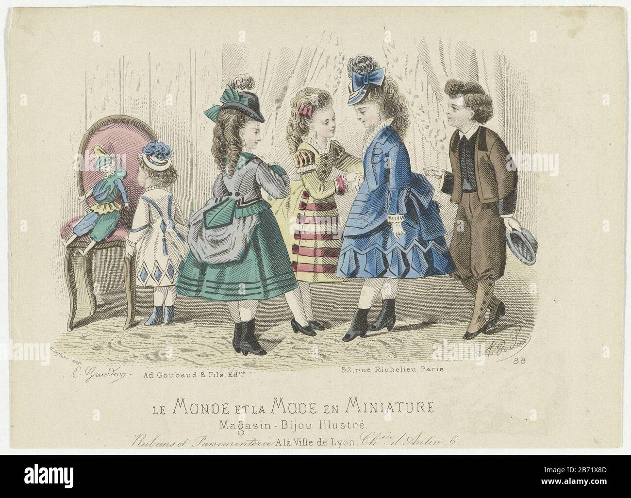 Le Monde et la Mode en Miniature, 1873, No 88 Rubans et Passementeri Five  children in the interior, the jongesste girl wearing a dress, the three  older girls are dressed in gowns