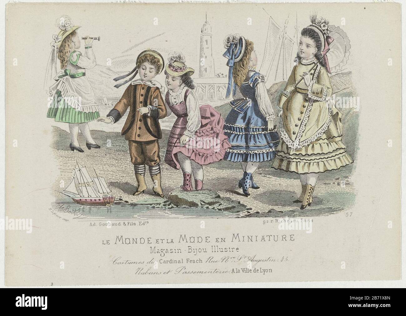 Le Monde Et La Mode En Miniature 1873 No 57 Costumes Du Cardinal Fesch Four Girls And A Boy On The Beach Wearing Clothes From Cardinal Fesch With Ribbon And Trimmings Ville