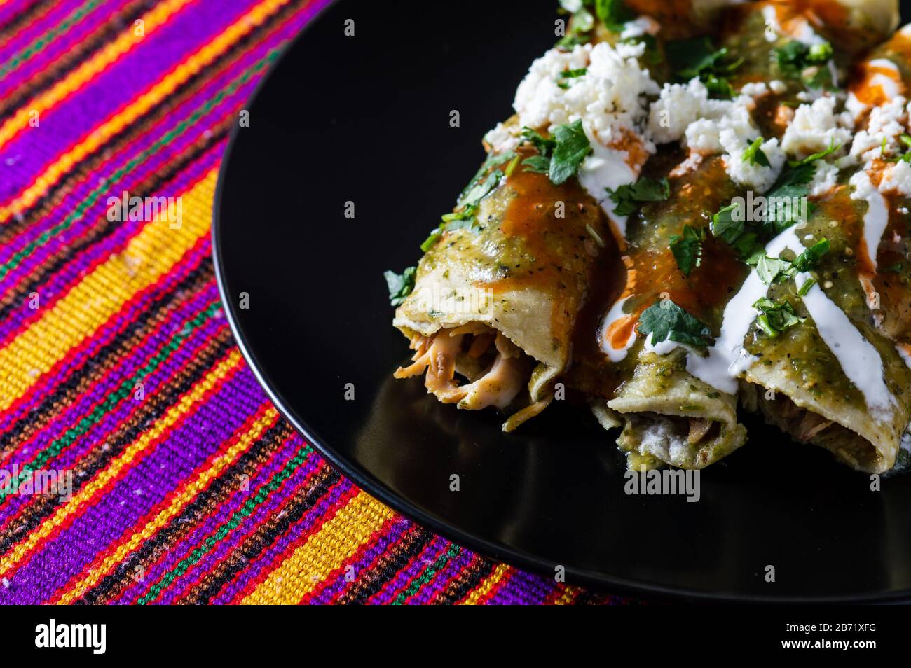Enchiladas Verdes, or green enchiladas, tortillas filled with chicken and topped with green