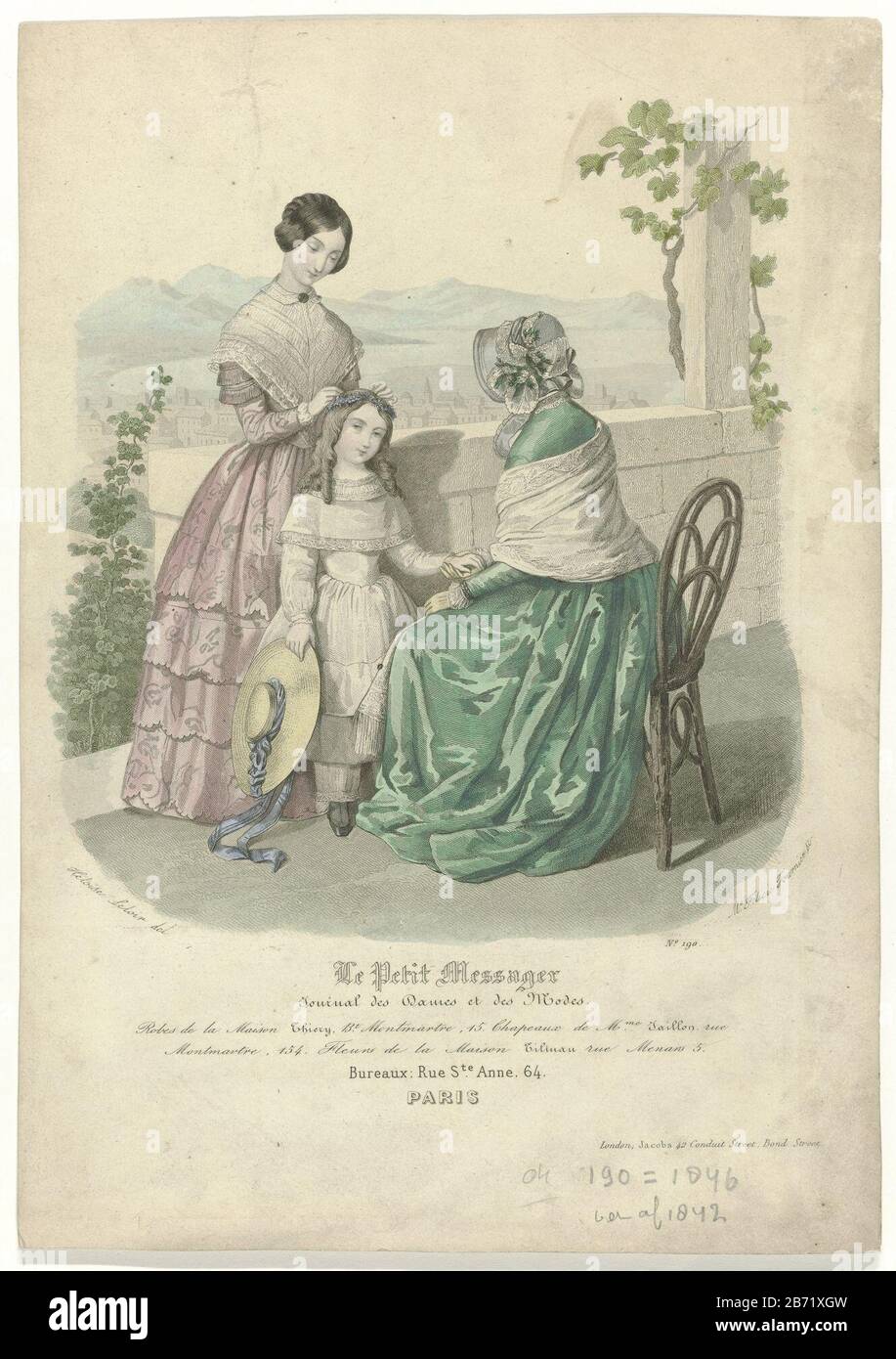 Le Petit Messager, Journal des Dames et des Modes, 1846, No 190 Robes de la  Maison () Two women, of whom: one seen from the back, and a girl on a  terrace.