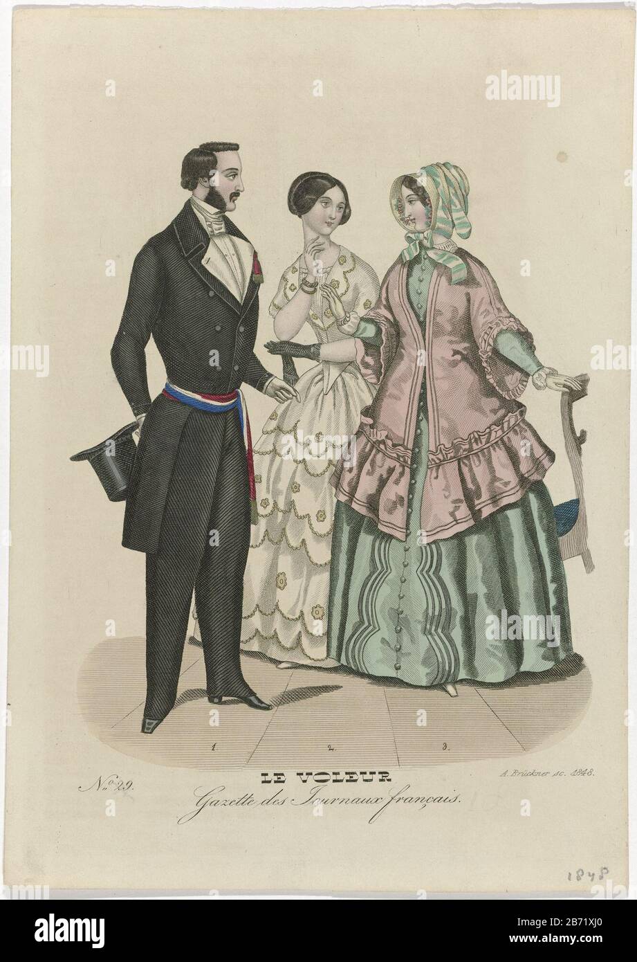A man and two women, one numbered to three. 1: jacket, waistcoat and  trousers. Knotted cravat. Tall hat. Striped sash in red, white and blue  with fringe at the ends. Shoes with