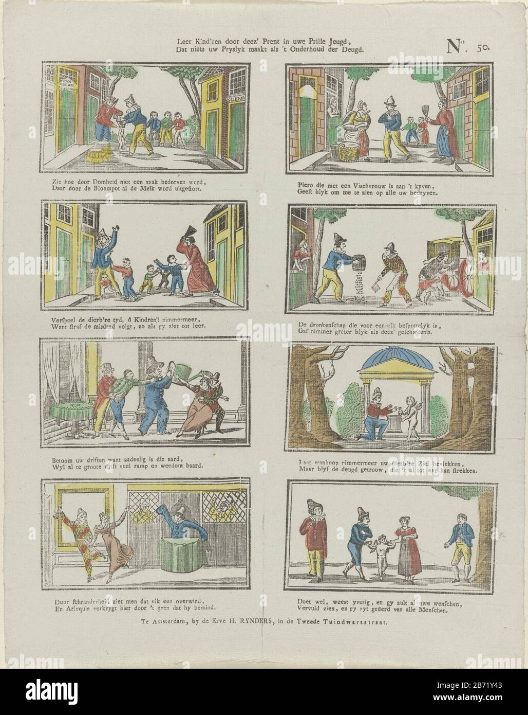 Leer kind'ren door deez' prent in uwe prille jeugd, Dat niets uw pryslyk maakt als 't onderhoud der deugd (titel op object) Leaf with eight scenes with characters from the Commedia dell'arte. Under each image a two-line verse. Numbered upper right: No. 50. Manufacturer : Seller: Preserve H. Rynders (listed building) Publisher: Jacobus Wendel Print Author: anonymous place Manufacture: Seller: Amsterdam Publisher: Amsterdam Print Author: Netherlands Date: 1795 - 1819 Physical features: woodcut colored in blue, yellow, green and red; text printing material: paper Technique: woodcut / colors / pri Stock Photo