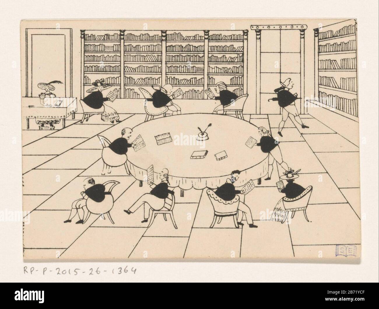 Leeszaal Kicking ten from a card game. Interior of reading room with ten reading men and women around a table. In the corner a woman is seated behind a table, it is possible the bibliothecaresse. Manufacturer : print maker: anonymous date: approx 1900 Physical characteristics: printing on cardboard material: cardboard Technique: press dimensions: sheet: h 117 mm × b 83 mm Subject: public library read Stock Photo