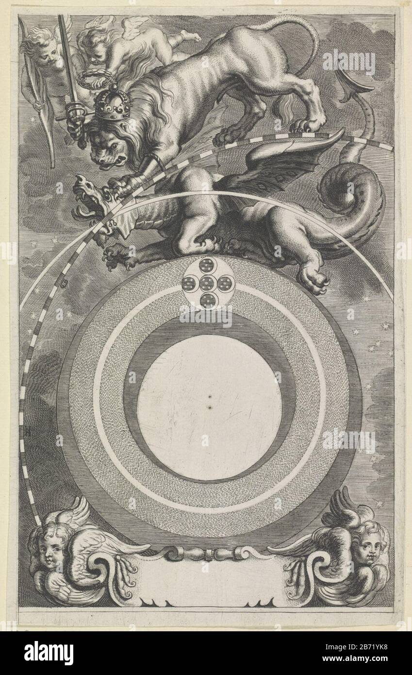 Leeuw van Juda overwint de draak the crowned lion of Judah, a symbol of Christ from the Book of Revelation, the dragon beats. The lion is honored by two putti. Among the dragon firmament. Completely under an empty cartouche flanked by cherubijnen. Manufacturer : printmaker: anonymous publisher: Wilhelmus Goeree (I) (possible) Place manufacture: Amsterdam Date: 1690 Physical features: car material: paper Technique: engra (printing process) Dimensions: sheet: H 295 mm × W 190 mmToelichtingMogelijk used in book illustration: Goeree, William. Pre-prepared remains until the Bybel cal wysheid, and t Stock Photo