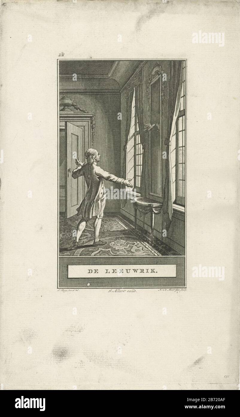 Leeuwerik en de spiegel De leeuwrik (titel op object) A lark flies in a room at the mirror, because he wants to attack the alleged other bird. A man beats gade. Manufacturer : printmaker, Noah van der Meer (II) (listed building) in drawing: Jacobus Buys (listed building) Editor: Johannes Allart (listed property) Place manufacture: Amsterdam Date: 1777 Physical features: etching material: paper Technique: etching dimensions: plate edge: h 244 mm × W 149 mmToelichtingPrent at: Gellert, Christian Fürchtegott. Fables and tales. 3 parts. Amsterdam: Pieter Meyer, 1772-1774. Subject: song-birds: lark Stock Photo