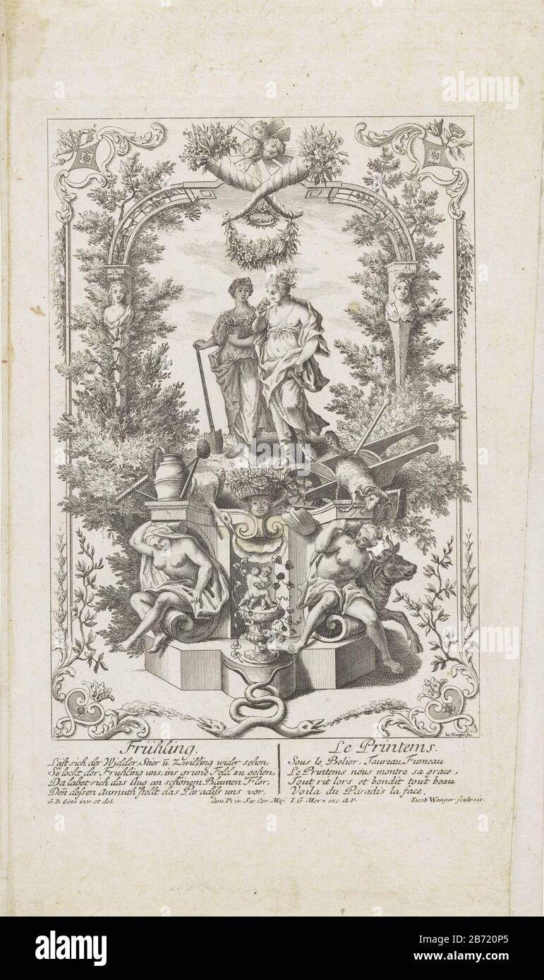 Allegory of spring. The goddess Flora is accompanied by a woman surrounded by flowers. In the bottom margin twice a four-line text in German and Frans. Manufacturer : printmaker Jacob Wangner (listed building), designed by Gottfried Bernhard Götz (listed building) Publisher: Johann Georg Merz (listed property) provider of privilege: Imperial court (listed property) Place manufacture: Augsburg Date: 1714 - 1762 Physical features: etching and engra material: paper Technique: etching / engra (printing process) Dimensions: plate edge: h 299 mm × W 196 mmToelichtingDeze print is part of a series of Stock Photo